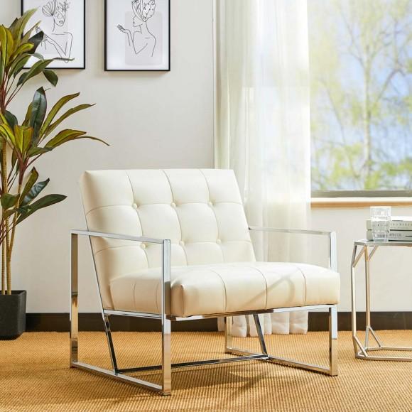 Glitzhome Glitzhome 31.50"H White PU Leather Button-tufted Accent Arm Chair With Chrome Plated Frame
