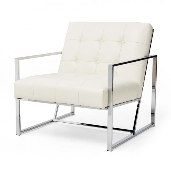 glitzhome Glitzhome 31.50"H White PU Leather Button-tufted Accent Arm Chair with Chrome Plated Frame