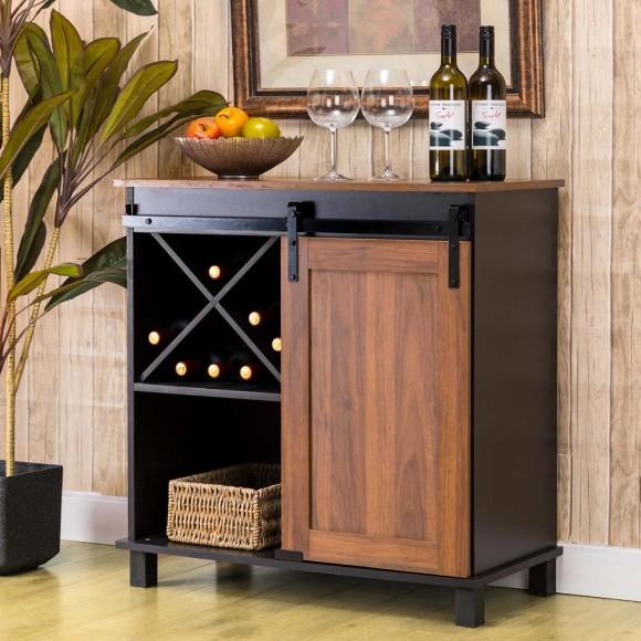 Glitzhome Glitzhome 31.50"L Modern Industrial Black/Walnut Wine Cabinet With Natural Top And Sliding Door