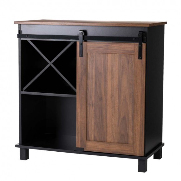 glitzhome Glitzhome 31.50"L Modern Industrial Black/Walnut Wine Cabinet with Natural Top and Sliding Door