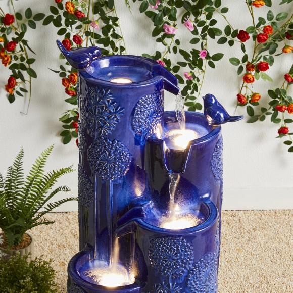 Glitzhome Glitzhome 31.75"H 4-Tier Cobalt Blue Dandelion Texture Vase-Shaped Ceramic Outdoor Floor Fountain With Birds Pump And LED Light (KD)