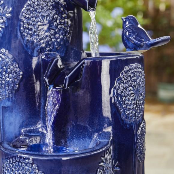 Glitzhome Glitzhome 31.75"H 4-Tier Cobalt Blue Dandelion Texture Vase-Shaped Ceramic Outdoor Floor Fountain With Birds Pump And LED Light (KD)