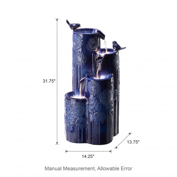Glitzhome Glitzhome 31.75"H 4-Tier Cobalt Blue Dandelion Texture Vase-Shaped Ceramic Outdoor Floor Fountain With Birds Pump And LED Light (KD)