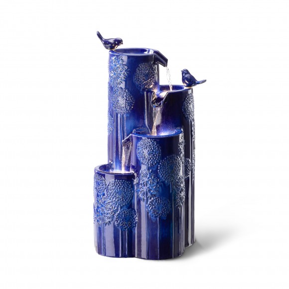 glitzhome Glitzhome 31.75"H 4-Tier Cobalt Blue Dandelion Texture Vase-Shaped Ceramic Outdoor Floor Fountain with Birds Pump and LED Light (KD)