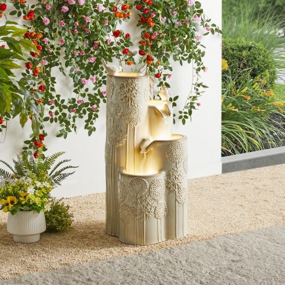 Glitzhome Glitzhome 31.75"H 4-Tier Sand Beige Dandelion Texture Vase-Shaped Ceramic Outdoor Floor Fountain With Birds Pump And LED Light (KD)