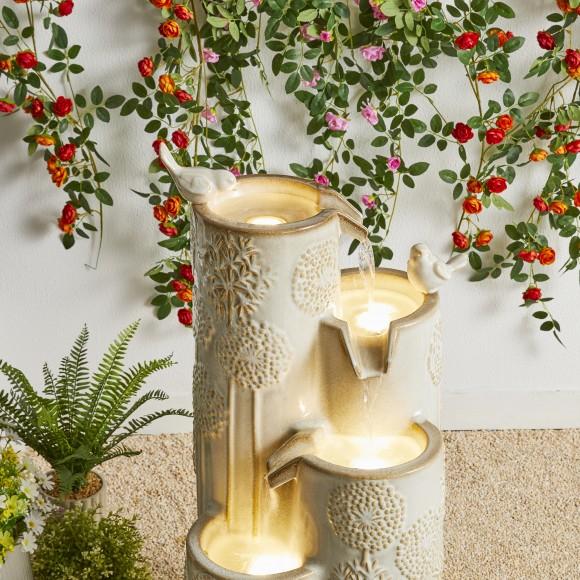 Glitzhome Glitzhome 31.75"H 4-Tier Sand Beige Dandelion Texture Vase-Shaped Ceramic Outdoor Floor Fountain With Birds Pump And LED Light (KD)