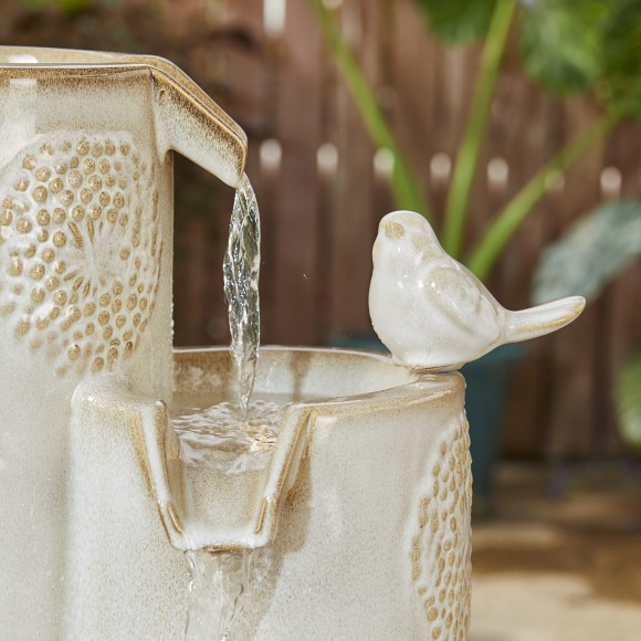 Glitzhome Glitzhome 31.75"H 4-Tier Sand Beige Dandelion Texture Vase-Shaped Ceramic Outdoor Floor Fountain With Birds Pump And LED Light (KD)