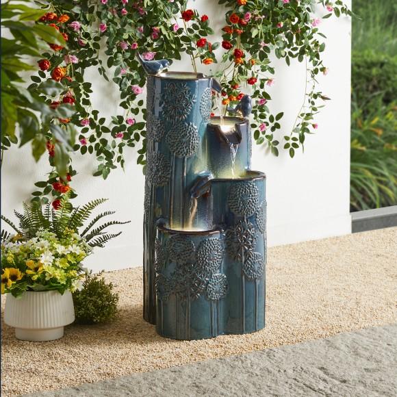 Glitzhome Glitzhome 31.75"H 4-Tier Turquoise Dandelion Texture Vase-Shaped Ceramic Outdoor Floor Fountain With Birds Pump And LED Light (KD)