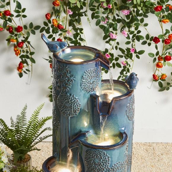 Glitzhome Glitzhome 31.75"H 4-Tier Turquoise Dandelion Texture Vase-Shaped Ceramic Outdoor Floor Fountain With Birds Pump And LED Light (KD)