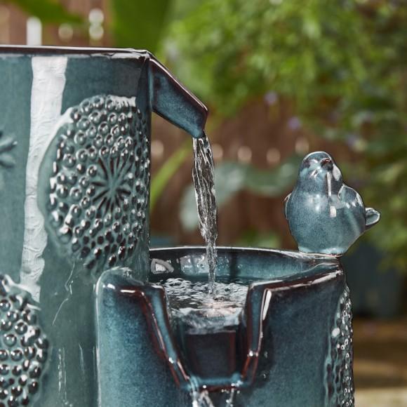 Glitzhome Glitzhome 31.75"H 4-Tier Turquoise Dandelion Texture Vase-Shaped Ceramic Outdoor Floor Fountain With Birds Pump And LED Light (KD)