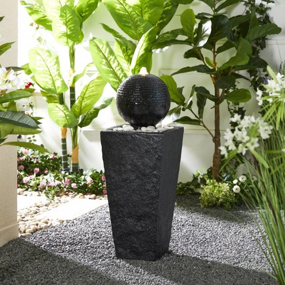 Glitzhome Glitzhome 31.75"H Modern Black Geometric Pedestal And Sphere Polyresin Outdoor Floor Fountain With Pebbles Pump And LED Light (KD)