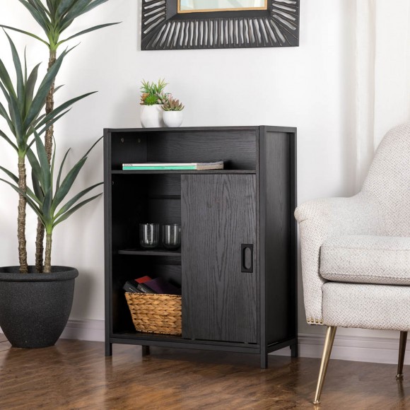 Glitzhome Glitzhome 31.75"H Modern Industrial Black Oak Melamine Floor Cabinet With 2 Sliding Doors