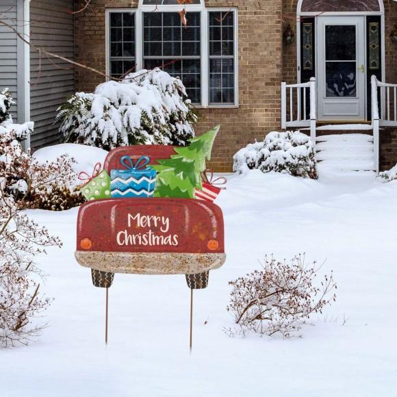 Glitzhome Glitzhome 31.89"H Rusty Metal Christmas Truck Yard Stake Or Standing Décor Or Wall Décor