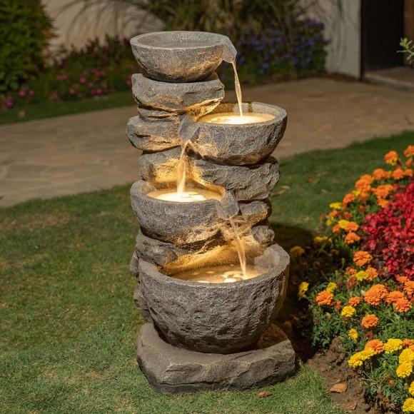 Glitzhome Glitzhome 32.28"H 4 Tiers Polyresin Waterfall Outdoor Fountain With Pump And LED Lights