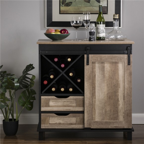 Glitzhome Glitzhome 32.30"H Modern Industrial Black Wine Cabinet With Natural Top And Sliding Door