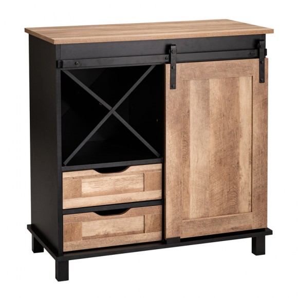 glitzhome Glitzhome 32.30"H Modern Industrial Black Wine Cabinet with Natural Top and Sliding Door