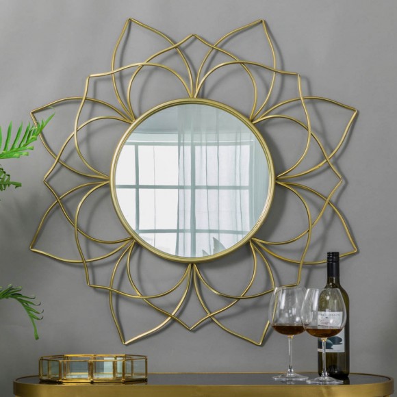 Glitzhome Glitzhome 32.75"D Oversized 3D Lotus Regency Modern Gold Metal Wall Mirror