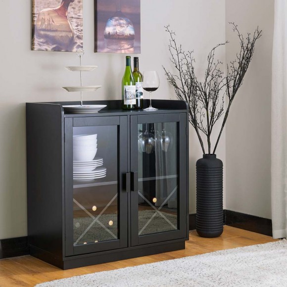 Glitzhome Glitzhome 32.75"H Black Wine Cabinet With 2 Built-in X Shaped Storage Racks And 2 Glass Doors