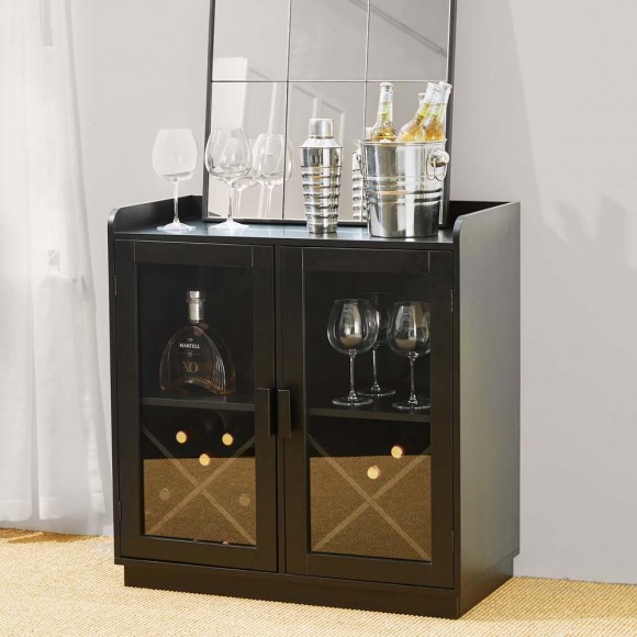 Glitzhome Glitzhome 32.75"H Black Wine Cabinet With 2 Built-in X Shaped Storage Racks And 2 Glass Doors