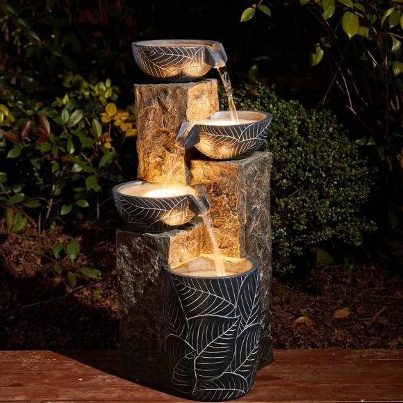 Glitzhome Glitzhome 32.75"H Natural Leaf Textured 4-Tier Resin Outdoor Fountain With Pump And Light