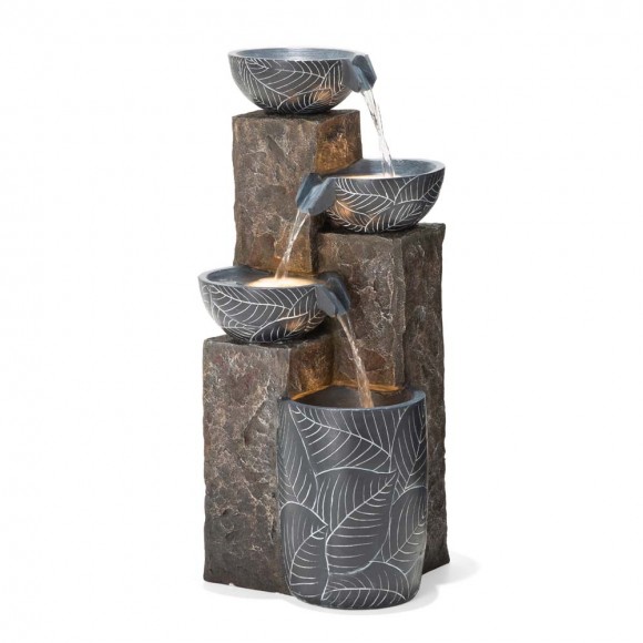 glitzhome Glitzhome 32.75"H Natural Leaf Textured 4-Tier Resin Outdoor Fountain with Pump and Light