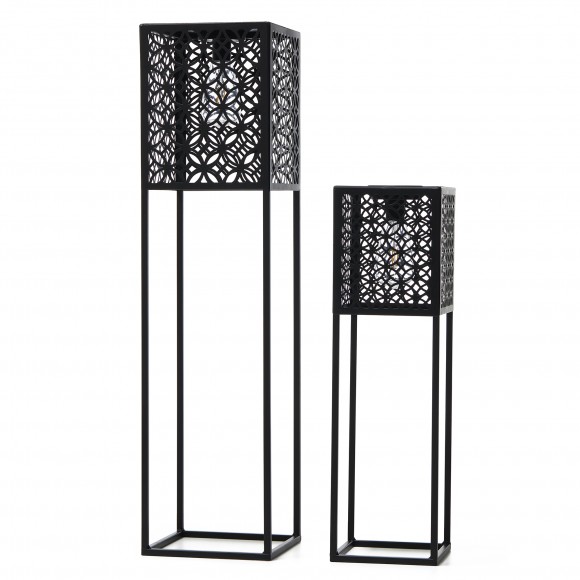 glitzhome Glitzhome 32"H/22.25"H Oversized Set of 2 Black Metal Cutout Pattern Solar Powered Edison Bulb Outdoor Floor Lantern or planter stands
