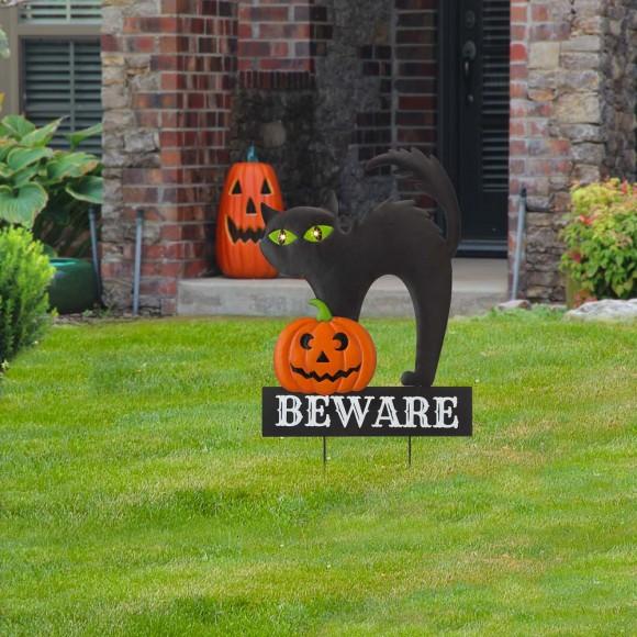 Glitzhome Glitzhome 32"H Lighted Halloween Metal Black Cat Yard Stake Or Hanging Decor (Two Functions)