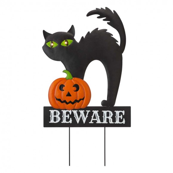 glitzhome Glitzhome 32"H Lighted Halloween Metal Black Cat Yard Stake or Hanging Decor (Two Functions)