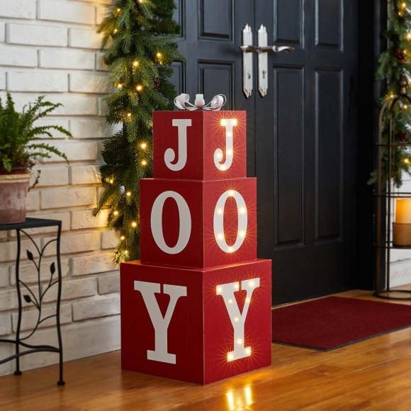Glitzhome Glitzhome 32"H Lighted Wooden Stacked Block "JOY" Porch Sign Boxes