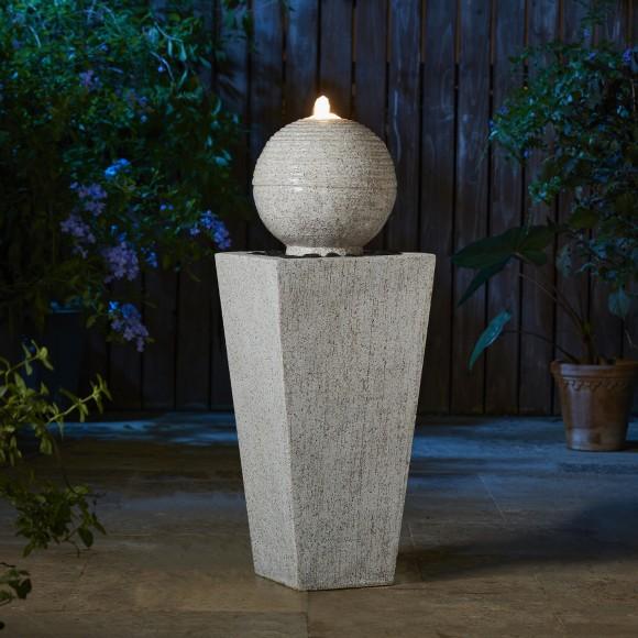 Glitzhome Glitzhome 32"H Mid-Century Modern Faux Terrazzo Geometric Pedestal And Sphere Polyresin Outdoor Floor Fountain With Black Pebbles Pump And LED Light (KD)