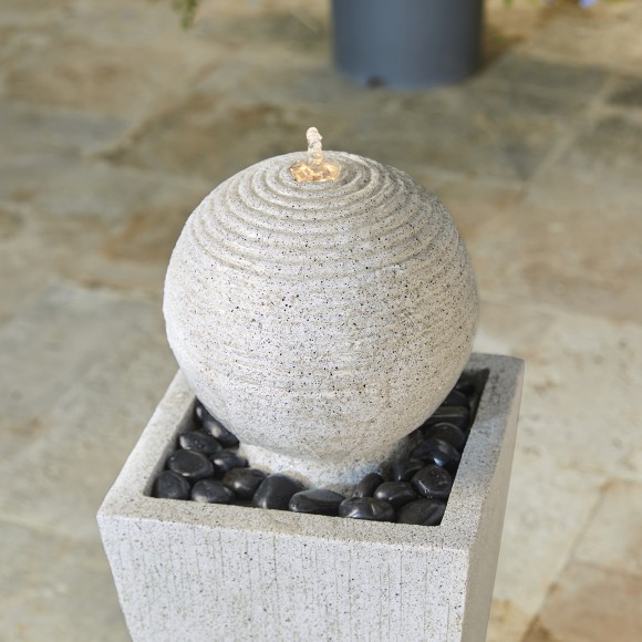 Glitzhome Glitzhome 32"H Mid-Century Modern Faux Terrazzo Geometric Pedestal And Sphere Polyresin Outdoor Floor Fountain With Black Pebbles Pump And LED Light (KD)