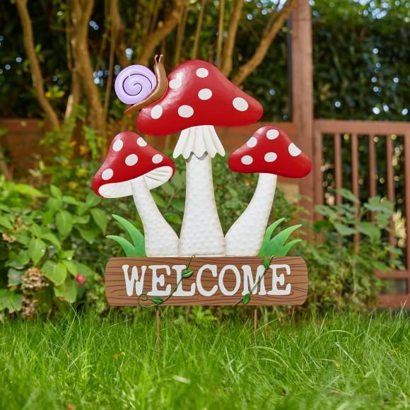 Glitzhome Glitzhome 32"H Multi-functional 2-in-1 Metal And Solid Wood Triple Mushrooms With Welcome Sign Garden Yardstake Wall Decor (KD)
