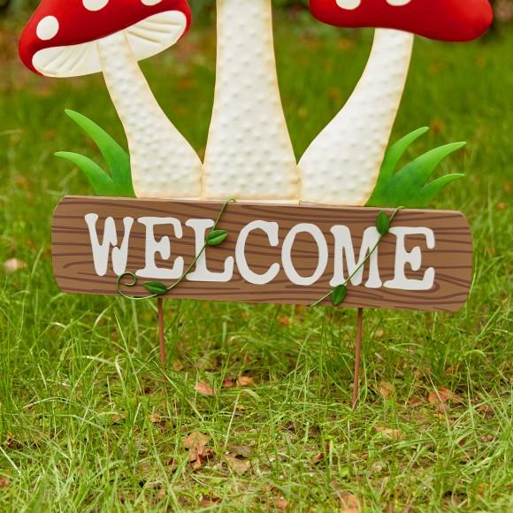 Glitzhome Glitzhome 32"H Multi-functional 2-in-1 Metal And Solid Wood Triple Mushrooms With Welcome Sign Garden Yardstake Wall Decor (KD)