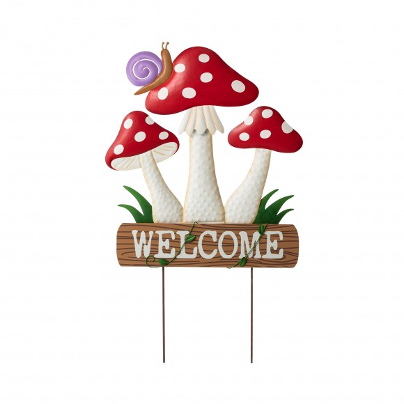 glitzhome Glitzhome 32"H Multi-functional 2-in-1 Metal and Solid Wood Triple Mushrooms with Welcome Sign Garden Yardstake Wall Decor (KD)