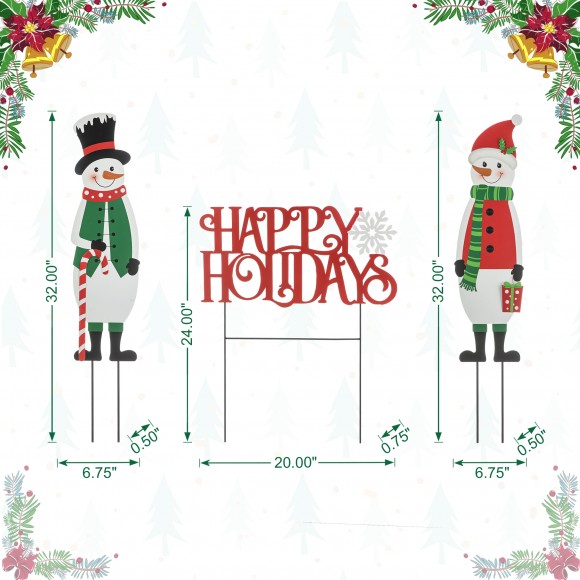 Glitzhome Glitzhome 32"H Set Of 3 Christmas Metal Snowman And HAPPY HOLIDAYS Yard Stake (KD)