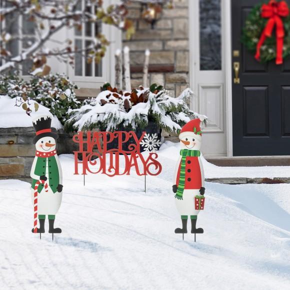 Glitzhome Glitzhome 32"H Set Of 3 Christmas Metal Snowman And HAPPY HOLIDAYS Yard Stake (KD)