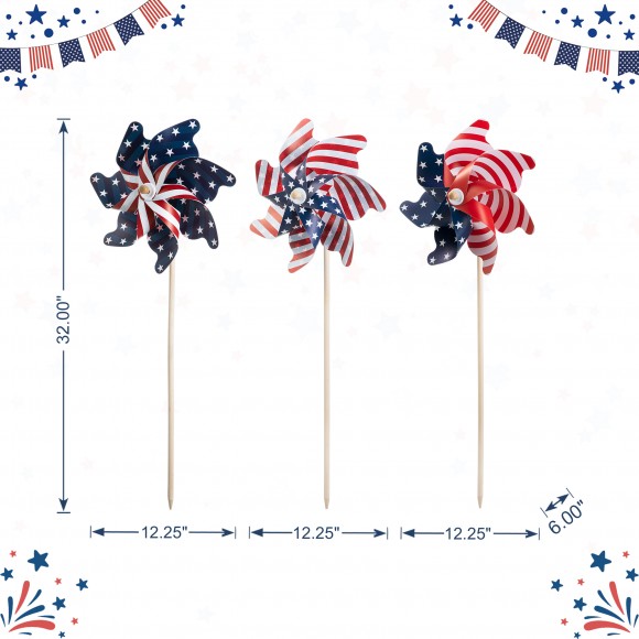 Glitzhome Glitzhome 32"H Set Of 3 Plastic Stars&Stripes Patriotic Americana Windmills(KD)