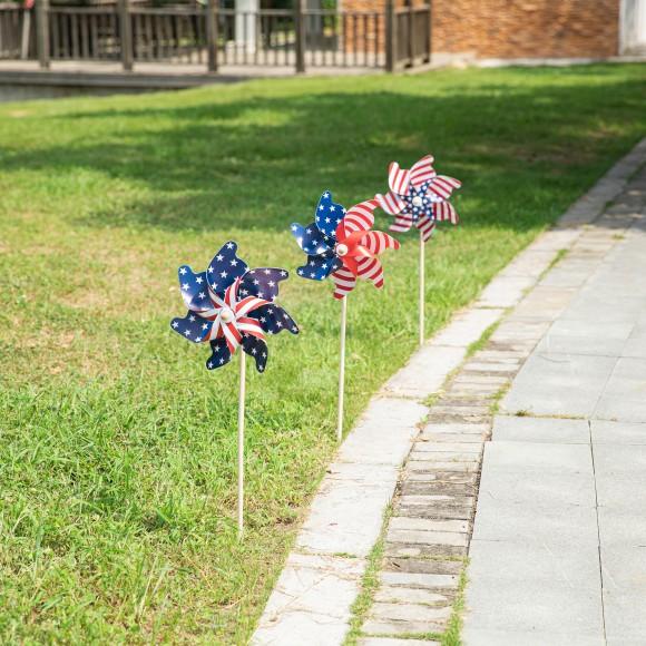 Glitzhome Glitzhome 32"H Set Of 3 Plastic Stars&Stripes Patriotic Americana Windmills(KD)