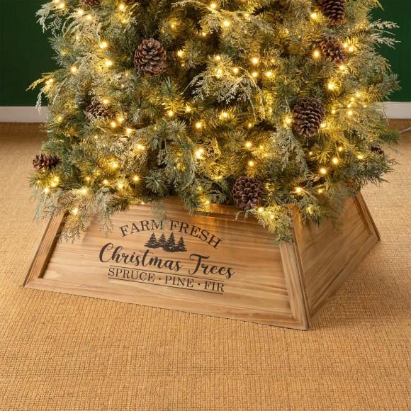 Glitzhome Glitzhome 32"L Natural Wooden Trapezoid "Farm Fresh" Christmas Tree Collar