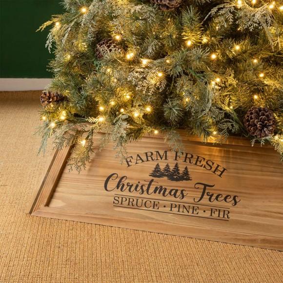 Glitzhome Glitzhome 32"L Natural Wooden Trapezoid "Farm Fresh" Christmas Tree Collar