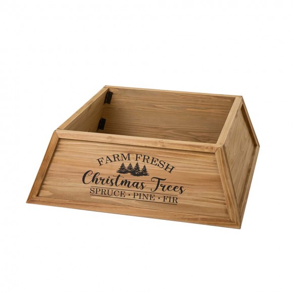 glitzhome Glitzhome 32"L Natural Wooden Trapezoid "Farm Fresh" Christmas Tree Collar