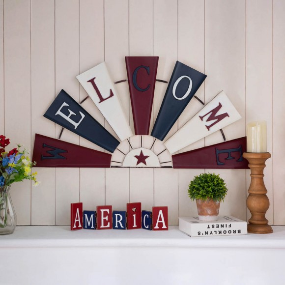 Glitzhome Glitzhome 32"L Welcome Metal Patriotic Half Wind Spinner Wall Decor