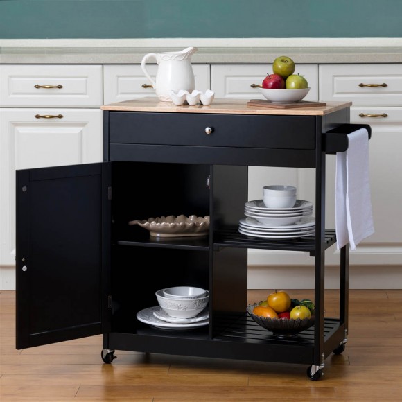 Glitzhome Glitzhome 33.86"H Black Kitchen Island Cart With Solid Oak Wood Top