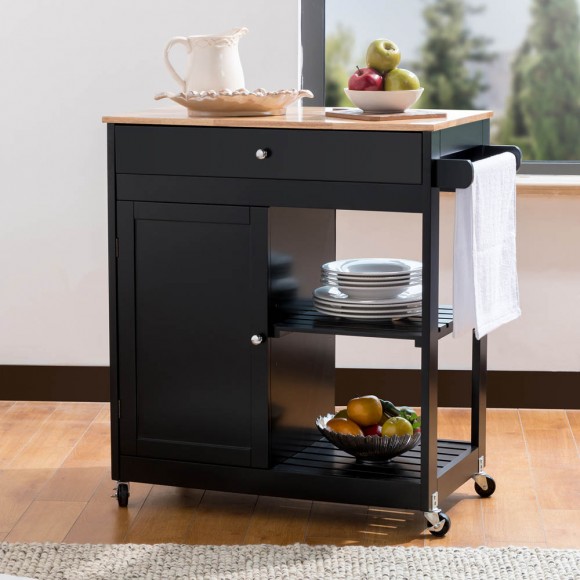 Glitzhome Glitzhome 33.86"H Black Kitchen Island Cart With Solid Oak Wood Top
