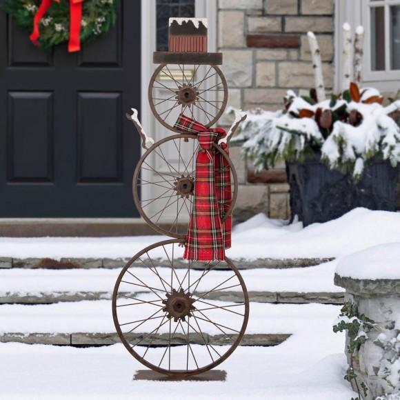 Glitzhome Glitzhome 33.98"H Metal Bike Wheel Snowman With Plaid Scarf Porch Decor