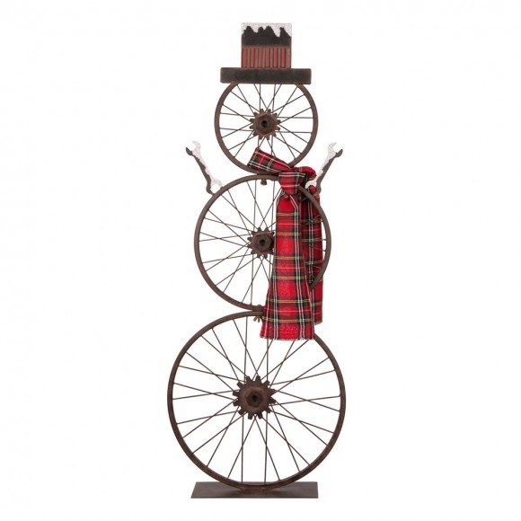glitzhome Glitzhome 33.98"H Metal Bike Wheel Snowman with Plaid Scarf Porch Decor