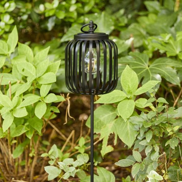 Glitzhome Glitzhome 33"H Black Metal Stripes Solar Powered Outdoor Lantern With Edison Bulb And Stake (KD)
