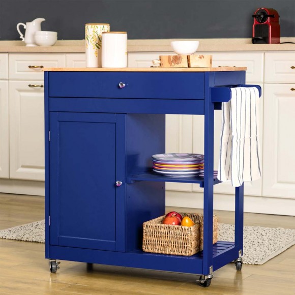 Glitzhome Glitzhome 34.25"H Navy Blue Wooden Basic Kitchen Cart/Island With Solid Oak Top