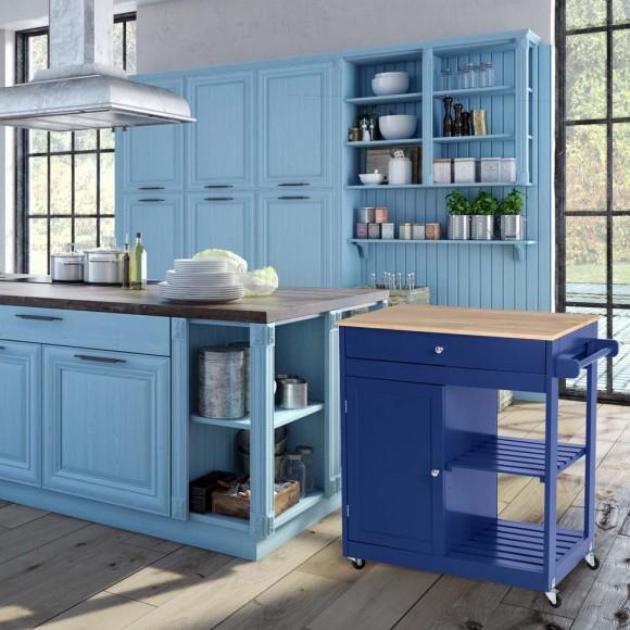 Glitzhome Glitzhome 34.25"H Navy Blue Wooden Basic Kitchen Cart/Island With Solid Oak Top