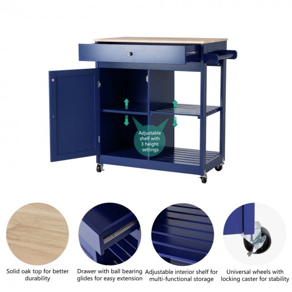Glitzhome Glitzhome 34.25"H Navy Blue Wooden Basic Kitchen Cart/Island With Solid Oak Top